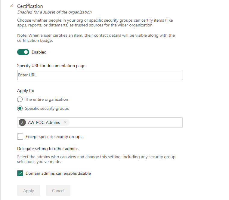 Fabric Admin portal — Certification setting: Enabled for specific security groups, AW-POC-Admins selected. Domain admins can enable/disable checked.